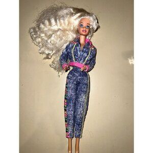 90’s Barbie Stonewash Denim Track Suit Hot Pink Trim Crimped Hair, Flexed Arms